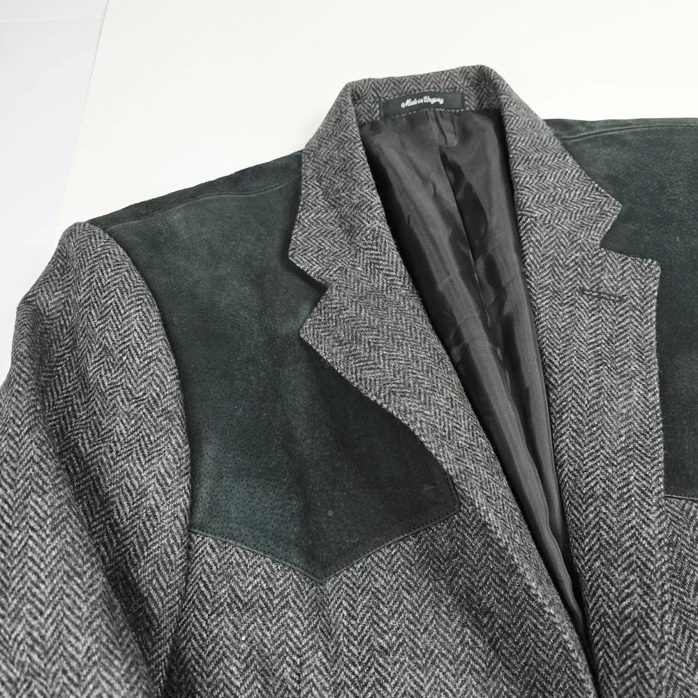 Bar WS Blazer Mens 43 Wool Gray Herringbone Suede Elbow Patch‎ Western Uruguay